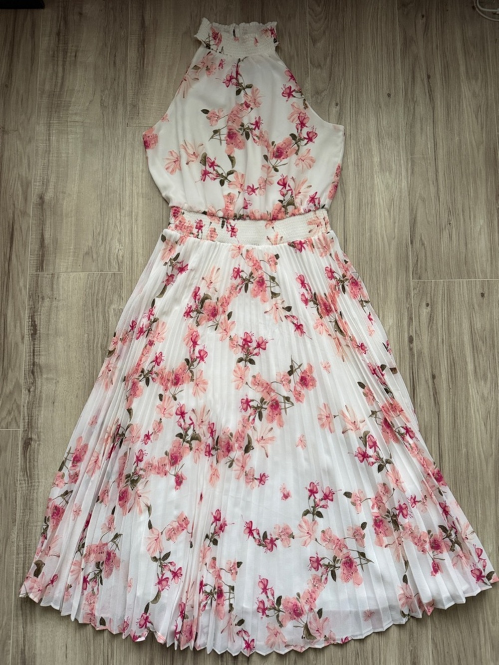 White House Black Market Floral Halter Pleated Dress with Pink Blooms